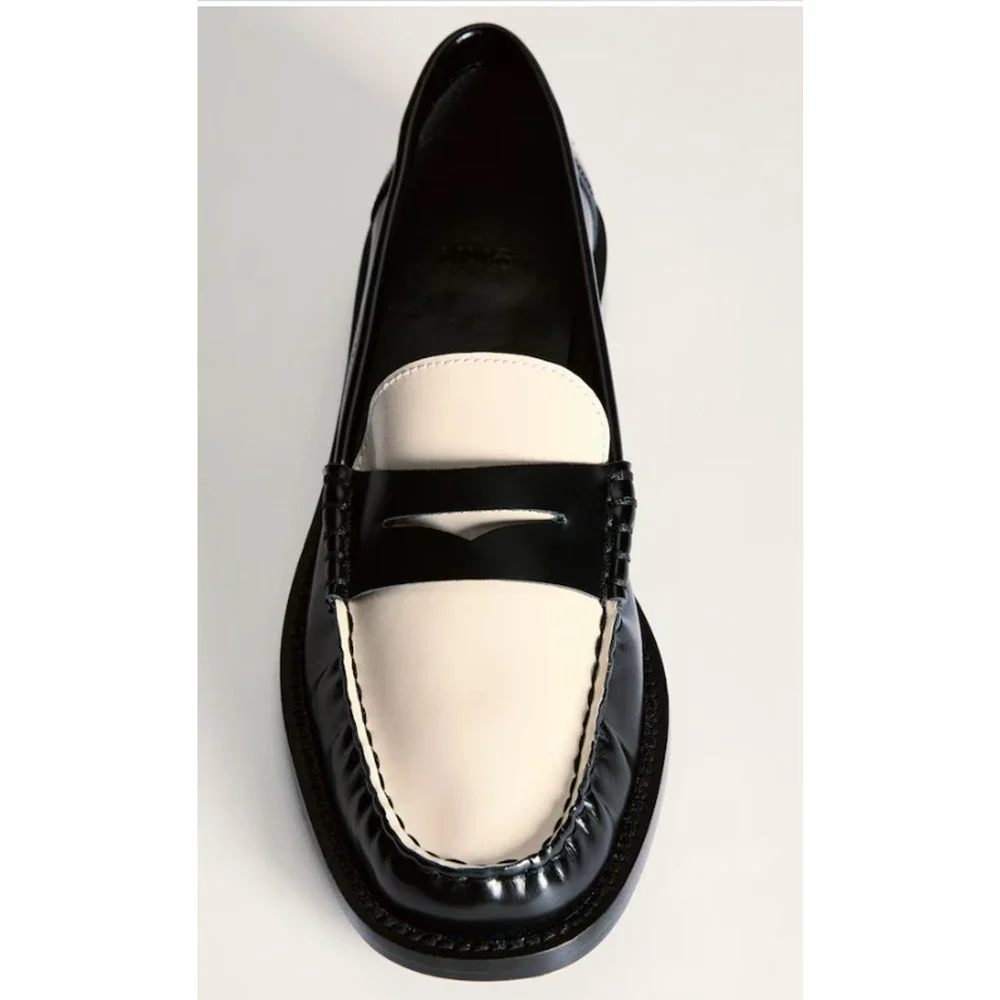 NEW MANGO MNG BLACK WHITE TWO TONE LEATHER PENNY LOAFERS SHOES SZ 37 US 6.5